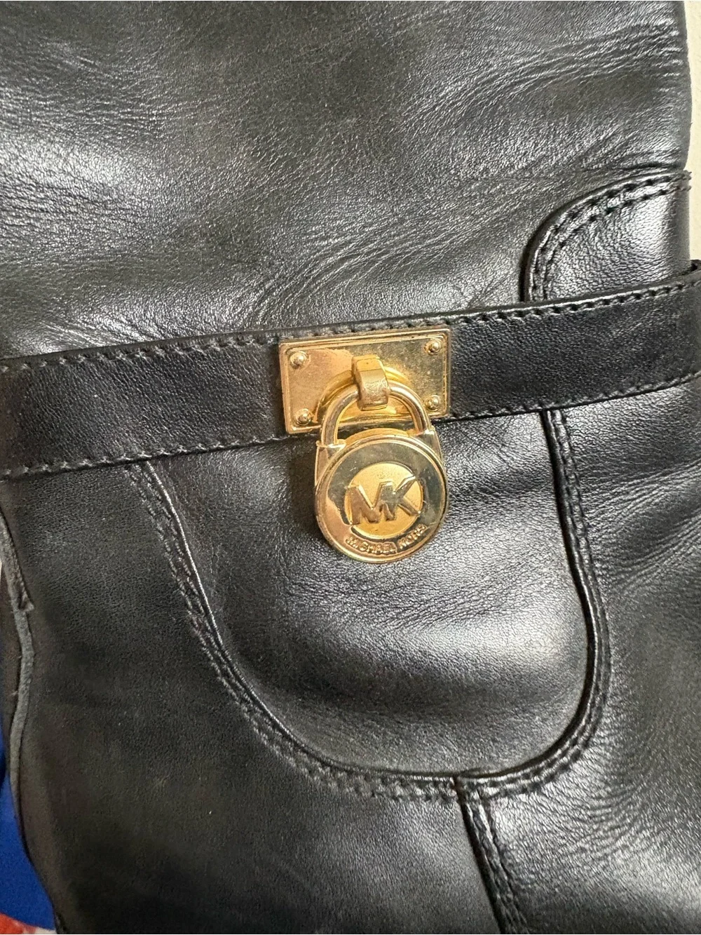 Michael Kors Black Leather Tall Boots with Gold MK Lock